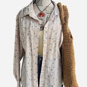 Oversized 100% cotton cream + blue floral button up shirt